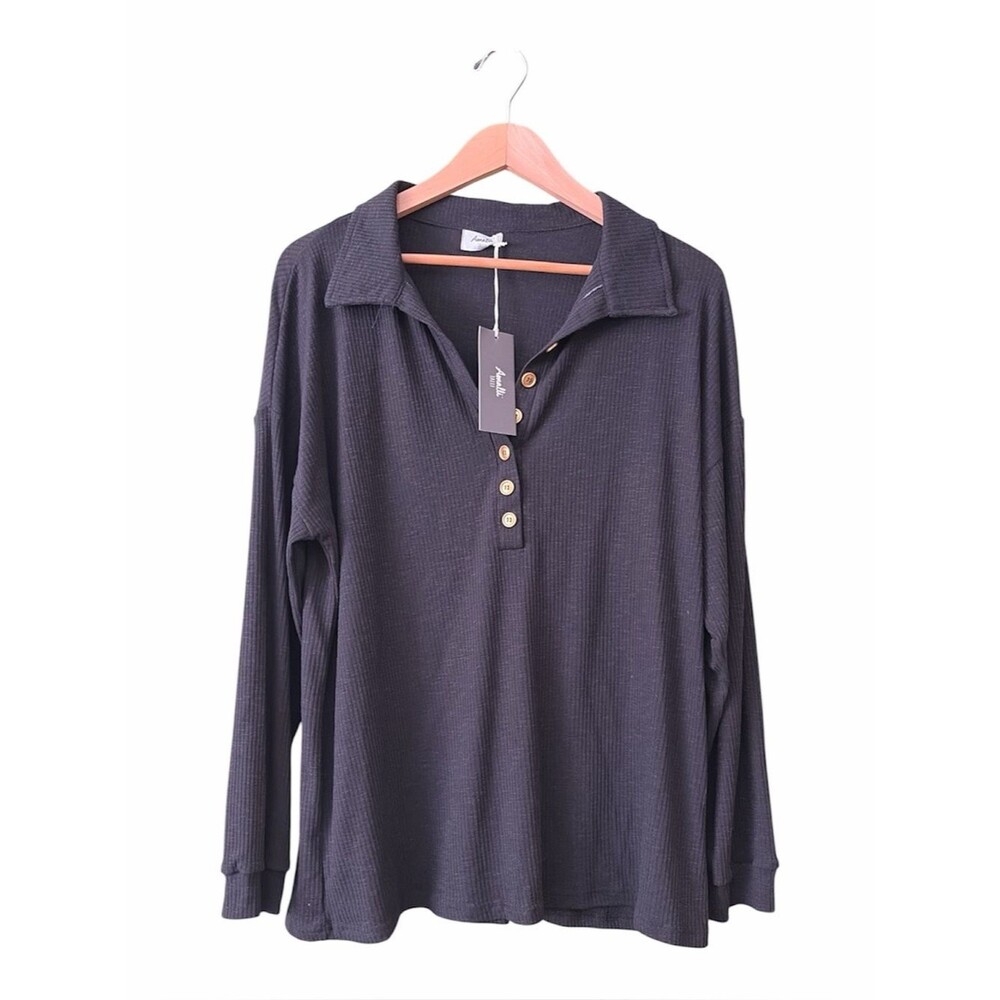 NWT Amalli Talli Waffle Knit Loose Henley Long Sleeve Top Blouse Gold Buttons XL